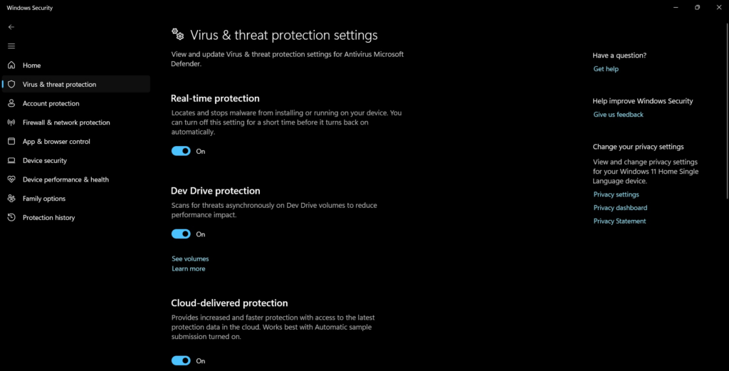 enable virus and threat protection settings
